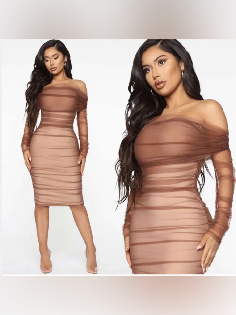 Fashion Nova Brown Ruched Off Shoulder Bandage Midi Dress MEDIUM